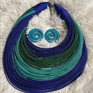 Blue & Teal Multi-Strand Statement Necklace with Teal Earrings